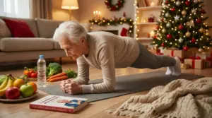 Anziana donna esegue il plank su un tappetino in salotto, circondata da frutta e verdura.