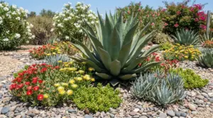 Agave e piante succulente in un giardino arido con ghiaia e fiori colorati, ideale per spazi verdi a bassa manutenzione