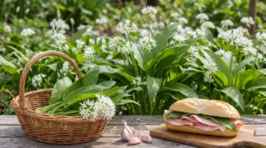 Aglio orsino in fiore nel giardino, con cestino di foglie raccolte e panino preparato su tavolo in legno