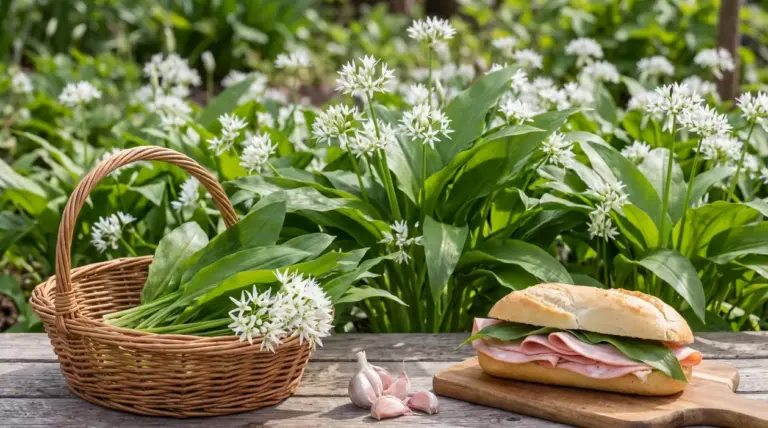 Aglio orsino in fiore nel giardino, con cestino di foglie raccolte e panino preparato su tavolo in legno