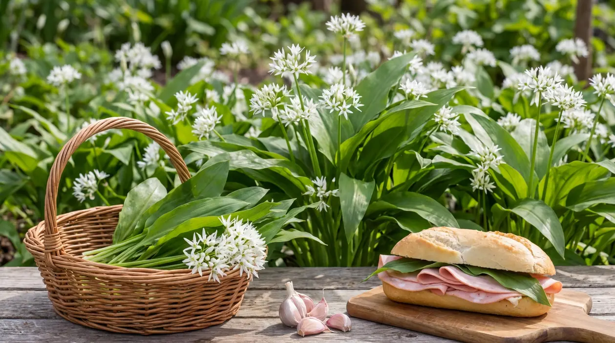 Aglio orsino in fiore nel giardino, con cestino di foglie raccolte e panino preparato su tavolo in legno