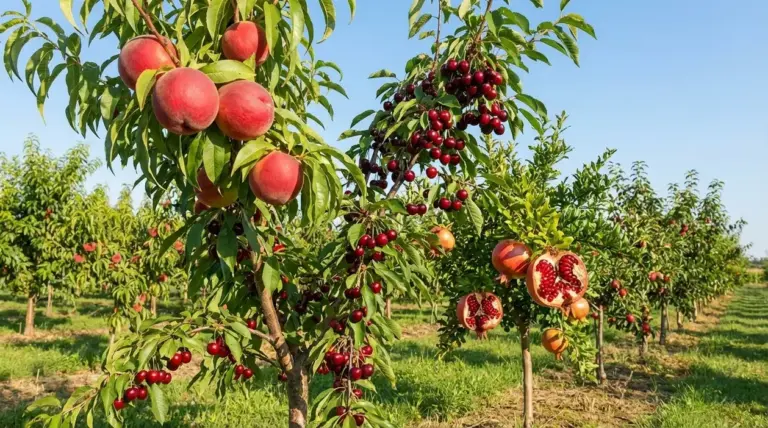 Frutteto con alberi da frutto carichi di pesche, ciliegie e melograni maturi sotto il cielo sereno