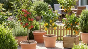 Alberi da frutto in vaso su un patio: melo con mele rosse, limone e agrume con frutti arancioni in un piccolo giardino