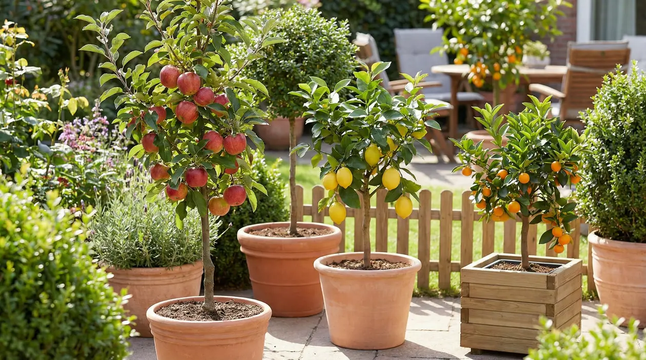 Alberi da frutto in vaso su un patio: melo con mele rosse, limone e agrume con frutti arancioni in un piccolo giardino