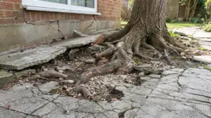 Radici di un grande albero sollevano il cemento e creano crepe vicino alle fondamenta di una casa in mattoni