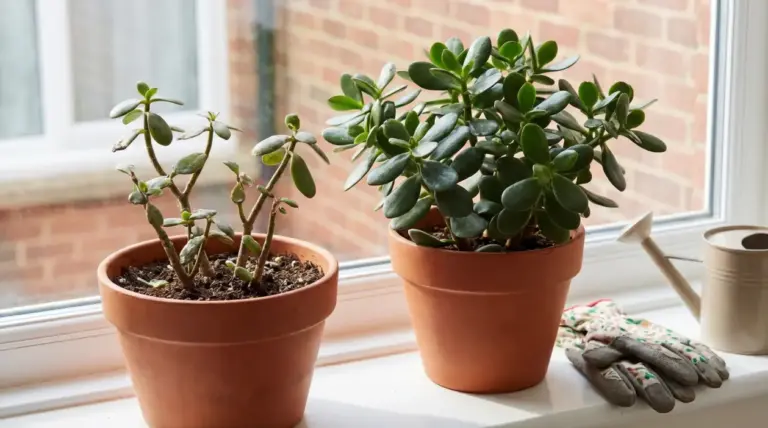 Due alberi di giada in vaso sul davanzale: uno spoglio e uno rigoglioso a confronto