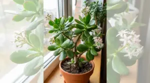 Albero di giada in vaso sul davanzale di casa, con foglie carnose verdi e piccoli fiori chiari