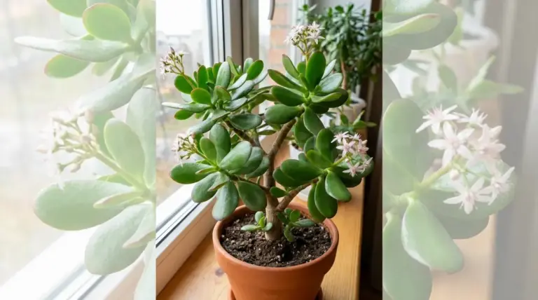 Albero di giada in vaso sul davanzale di casa, con foglie carnose verdi e piccoli fiori chiari