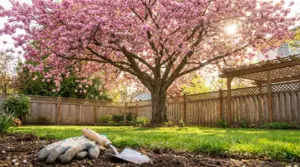 Grande albero ornamentale in fiore con chioma rosa in un giardino curato e attrezzi da giardinaggio in primo piano