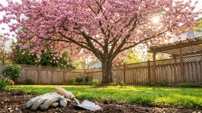 Grande albero ornamentale in fiore con chioma rosa in un giardino curato e attrezzi da giardinaggio in primo piano