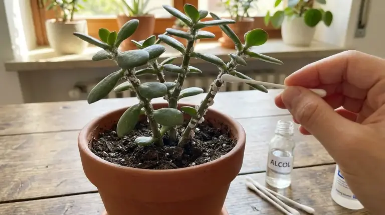 Mano che applica alcol con un cotton fioc su una pianta infestata da cocciniglia in vaso