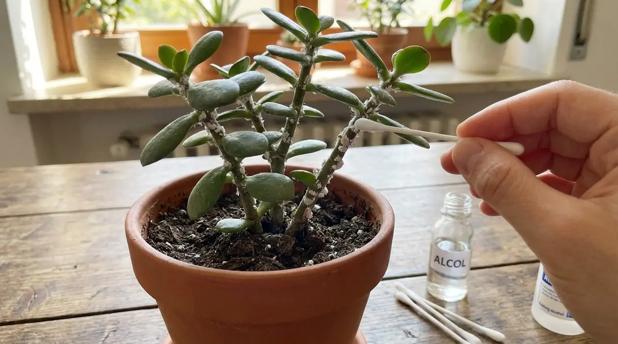 Mano che applica alcol con un cotton fioc su una pianta infestata da cocciniglia in vaso