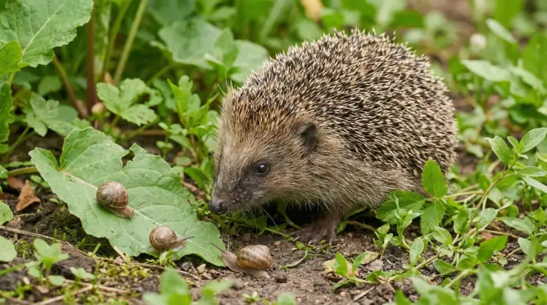 Riccio nel giardino vicino a lumache su una foglia, utile alleato naturale contro le lumache