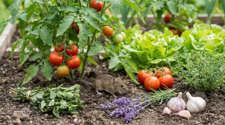 Topo nell’orto vicino a piante di pomodoro, insalata e erbe aromatiche, con aglio e lavanda sul terreno