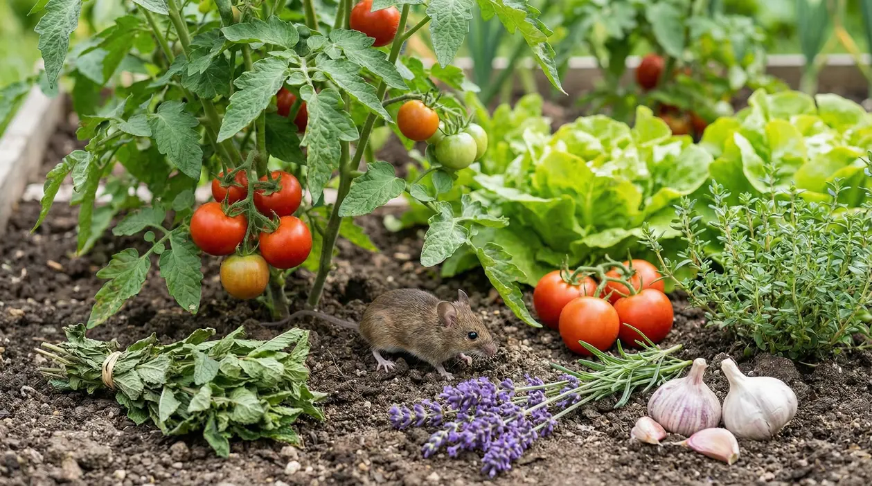 Topo nell’orto vicino a piante di pomodoro, insalata e erbe aromatiche, con aglio e lavanda sul terreno