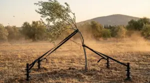 Giovane alberello piegato dal vento, fissato al suolo con cinghie e picchetti a vite in un campo