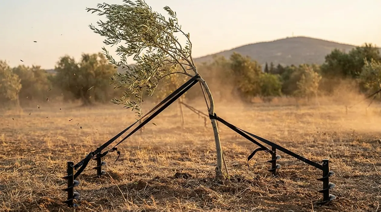 Giovane alberello piegato dal vento, fissato al suolo con cinghie e picchetti a vite in un campo