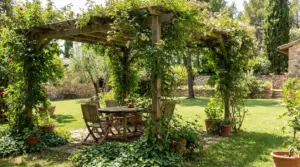 Pergolato in legno con rampicanti fioriti che creano un angolo d’ombra naturale sopra un tavolo in giardino