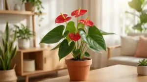 Anthurium in vaso di terracotta con fiori rossi e foglie verdi su un tavolo in salotto luminoso