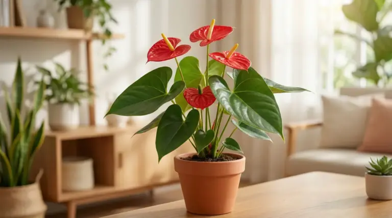 Anthurium in vaso di terracotta con fiori rossi e foglie verdi su un tavolo in salotto luminoso