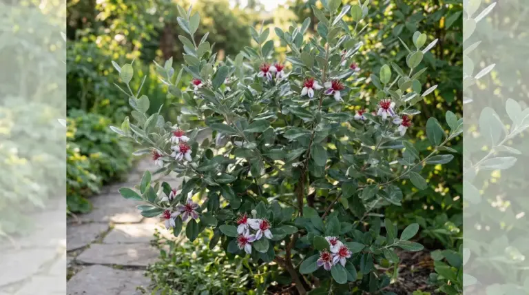 Arbusto sempreverde con fiori bianco-rosati e foglie verdi in giardino, lungo un vialetto al sole