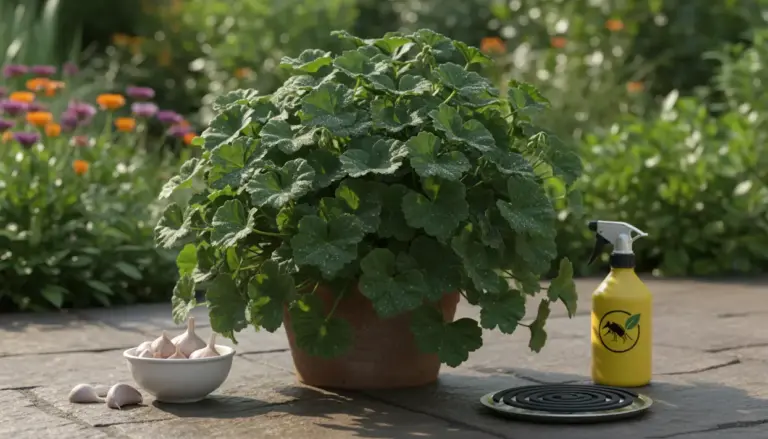 Arbusto in vaso in giardino con rimedi repellenti naturali contro insetti, come aglio e spirale antizanzare