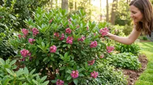 Donna che osserva un arbusto sempreverde con fiori rosa in un giardino luminoso