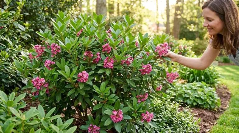 Donna che osserva un arbusto sempreverde con fiori rosa in un giardino luminoso