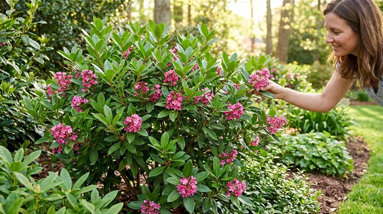 Donna che osserva un arbusto sempreverde con fiori rosa in un giardino luminoso