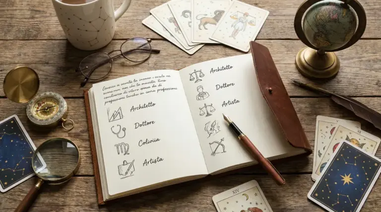 Taccuino aperto con appunti su professioni e simboli zodiacali, circondato da carte astrologiche e strumenti da scrivania