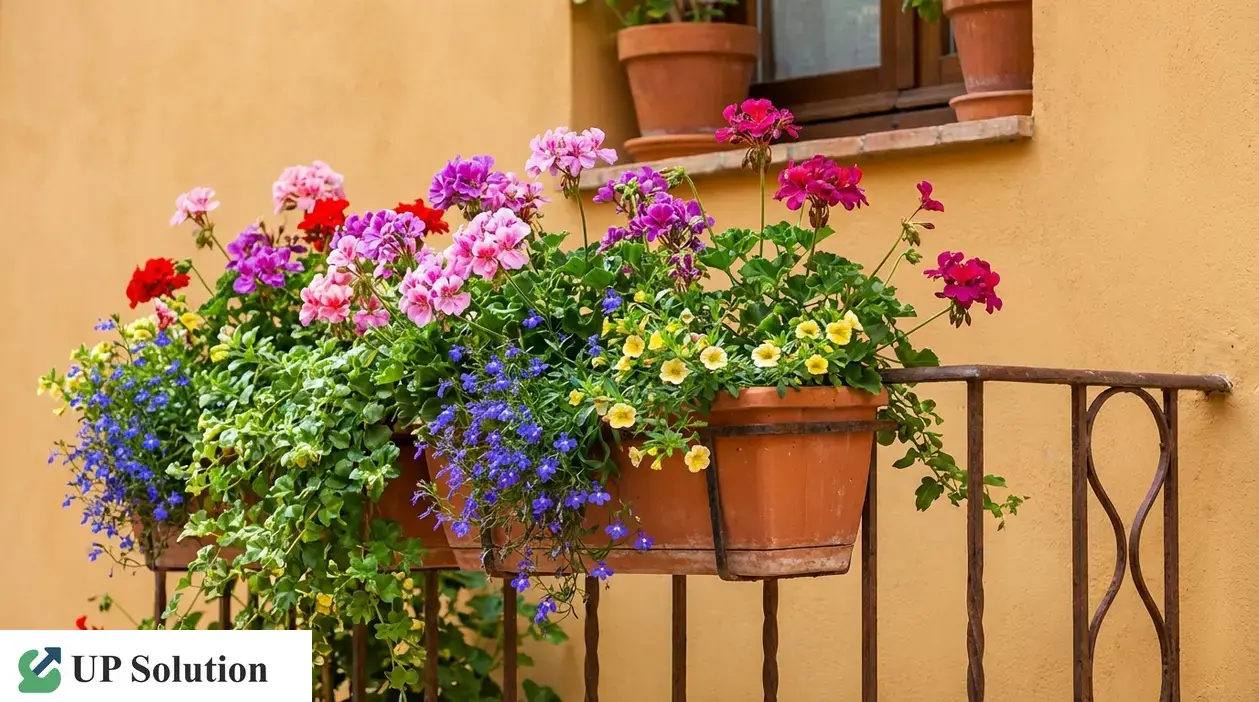 Fioriere su balcone con gerani rosa e rossi e fiori colorati in vasi di terracotta, per una fioritura continua