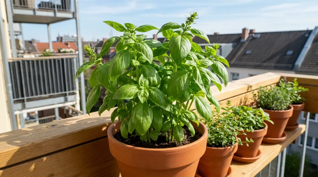 Pianta di basilico sana in vaso sul balcone, esposta al sole accanto ad altre aromatiche