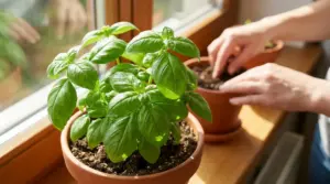 Pianta di basilico rigogliosa in vaso sul davanzale, con una persona che cura il terriccio vicino alla finestra