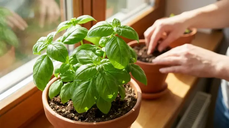 Pianta di basilico rigogliosa in vaso sul davanzale, con una persona che cura il terriccio vicino alla finestra