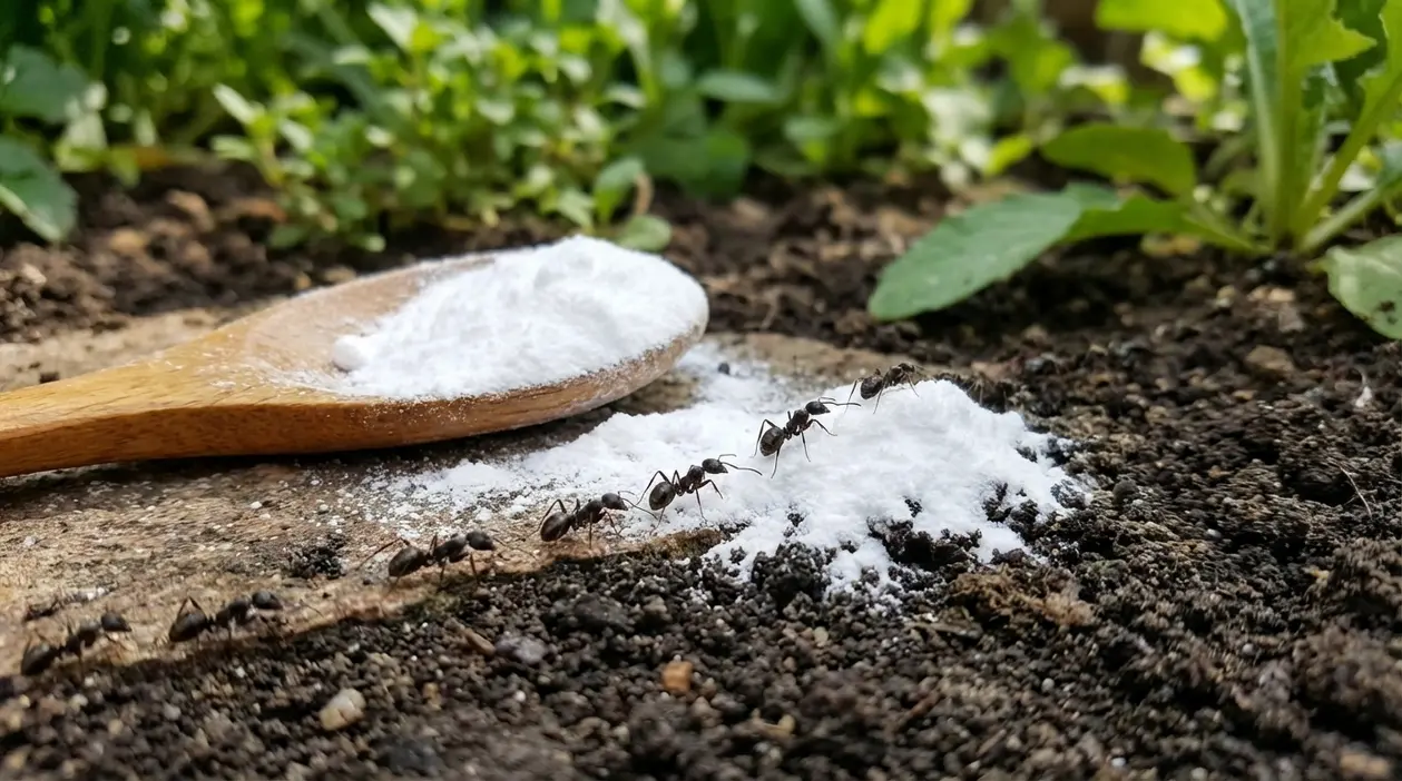 Formiche vicino a bicarbonato versato sul terreno accanto a un cucchiaio di legno in giardino