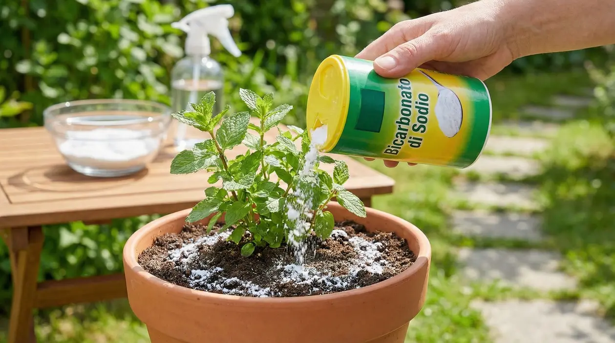 Persona sparge bicarbonato di sodio su una pianta in vaso in giardino, con ciotola e spruzzino sul tavolo