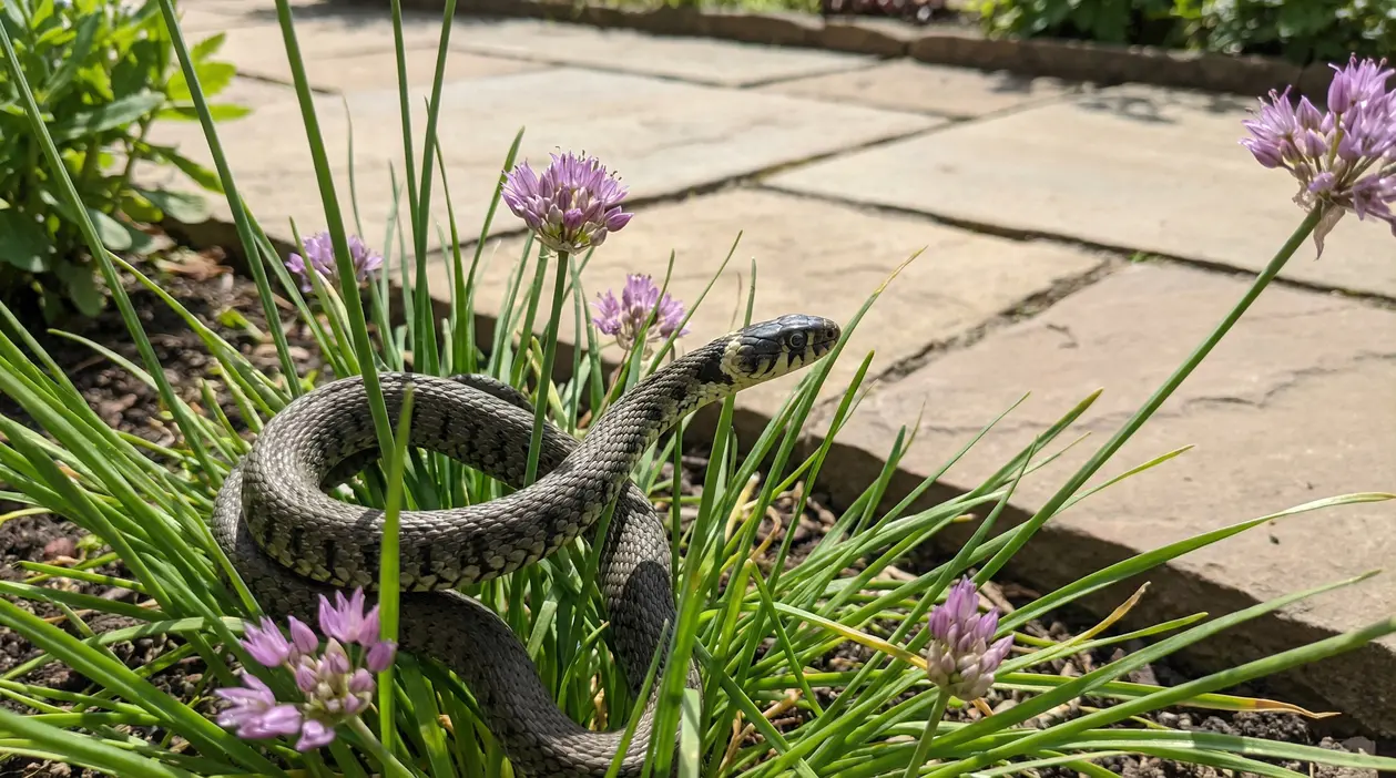Bisce tra l’erba e i fiori in un giardino accanto a un vialetto in pietra