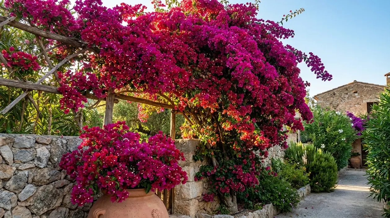 Bouganville fucsia rigogliosa su pergolato in giardino mediterraneo con muri in pietra