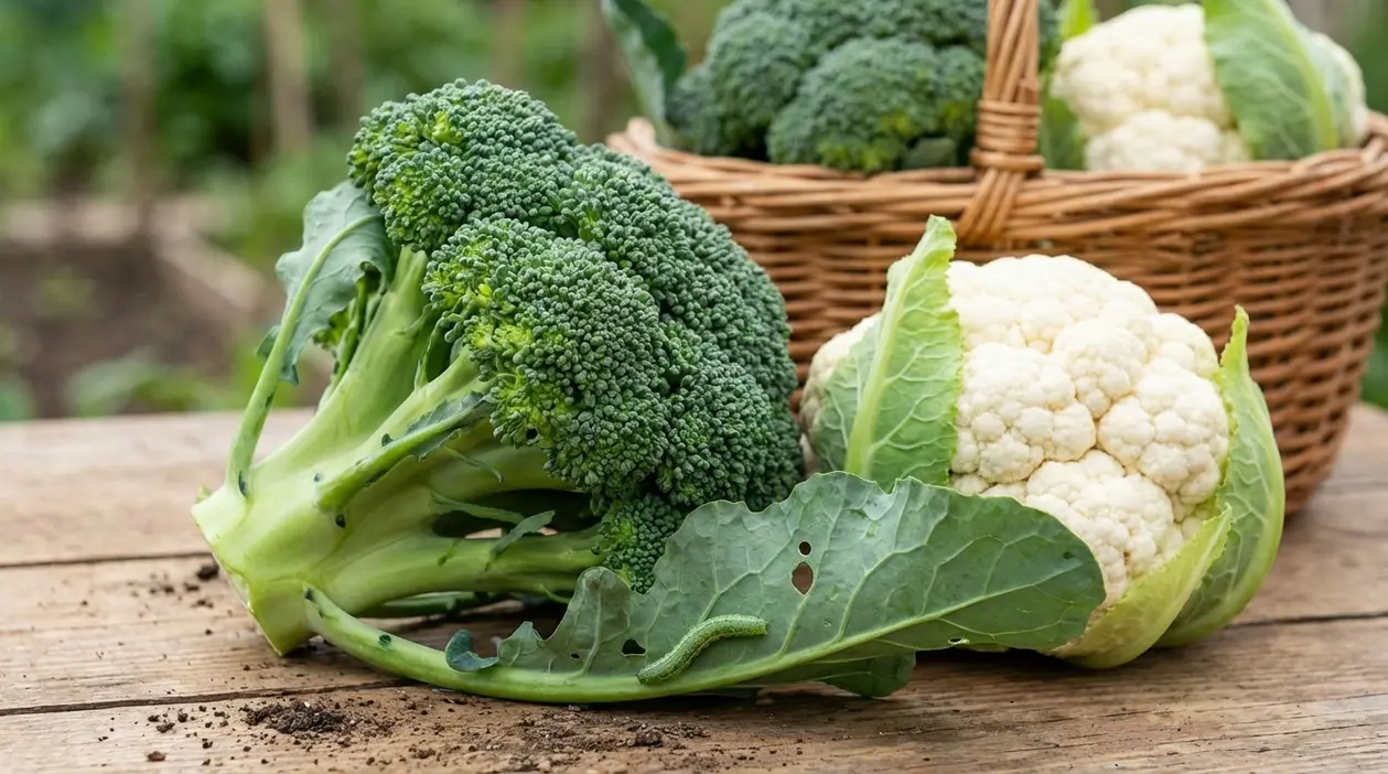 Broccoli e cavolfiore con foglie rovinate da bruchi su un tavolo in giardino
