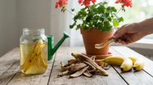Bucce di banana in acqua accanto a una pianta in vaso, usate come fertilizzante naturale per fiori e foglie