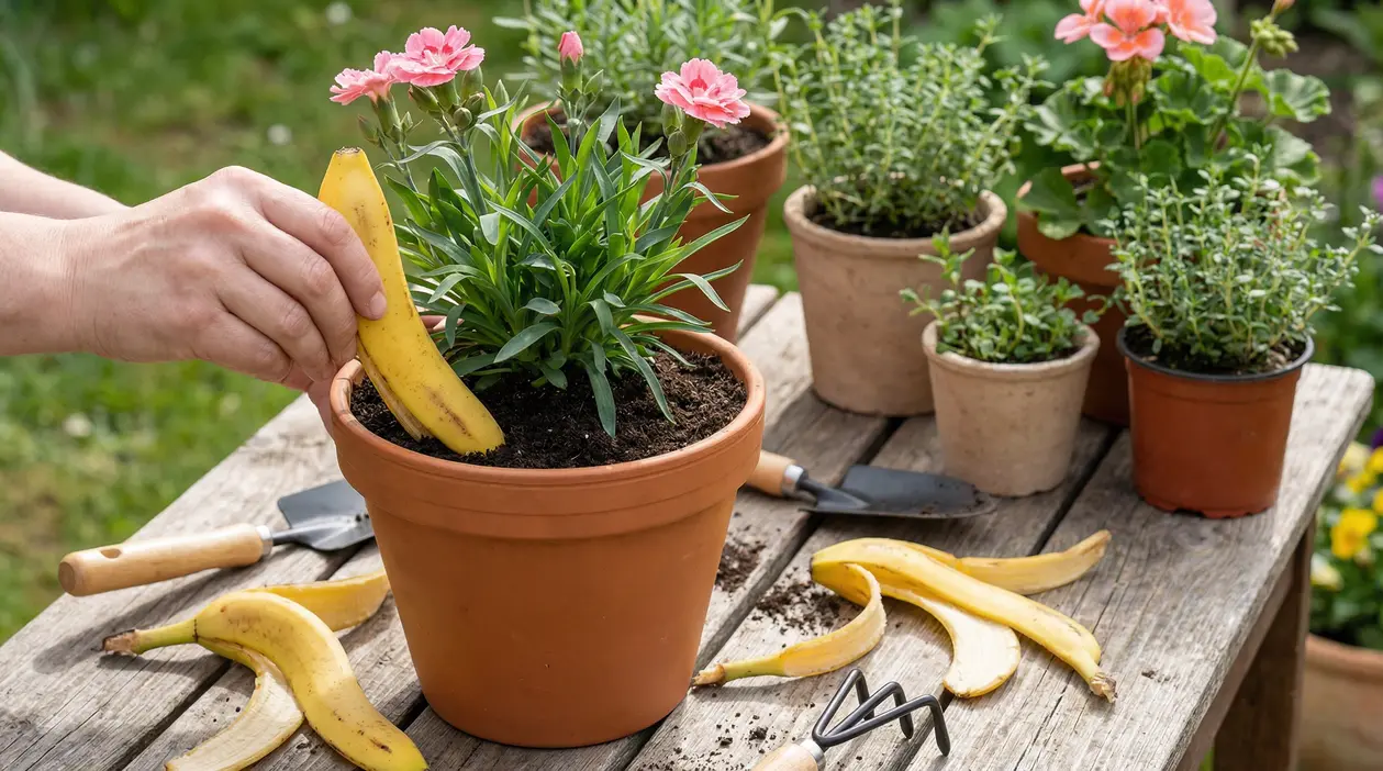 Mano che inserisce una buccia di banana nel terriccio di un vaso con piante da fiore su un tavolo da giardino
