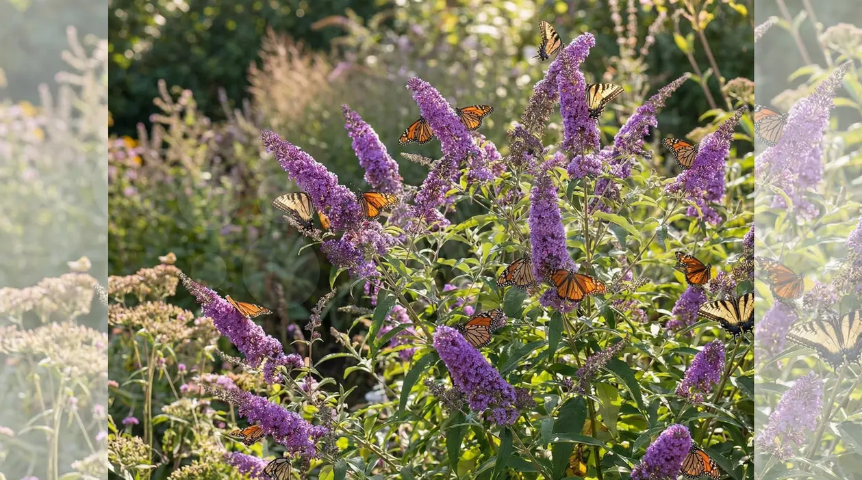 Farfalle posate su lunghe infiorescenze viola di buddleja in un giardino soleggiato