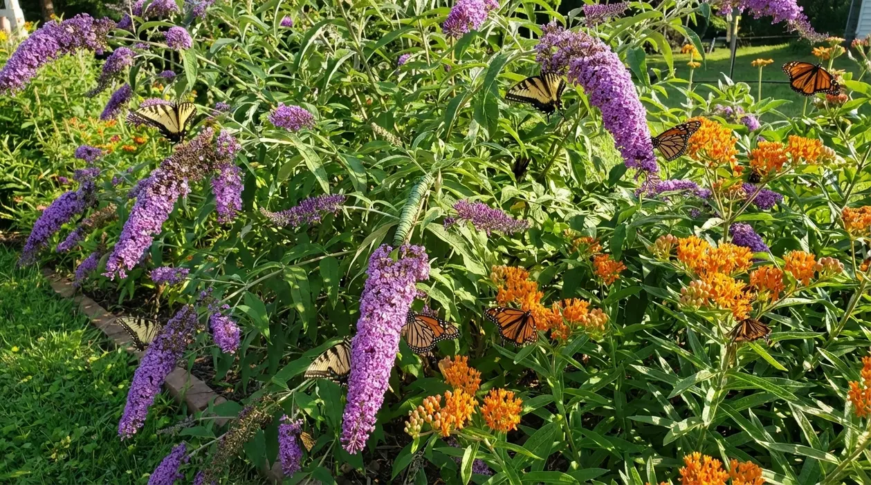 Cespuglio di buddleja viola in giardino soleggiato, circondato da farfalle e fiori arancioni