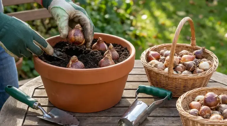 Mani con guanti piantano bulbi da fiore in un vaso di terracotta all'aperto, con cesti di bulbi sul tavolo