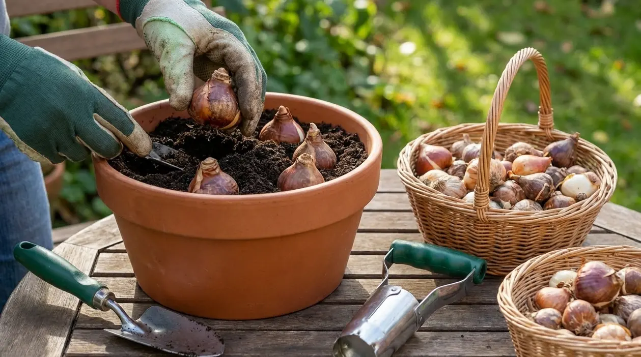 Mani con guanti piantano bulbi da fiore in un vaso di terracotta all'aperto, con cesti di bulbi sul tavolo