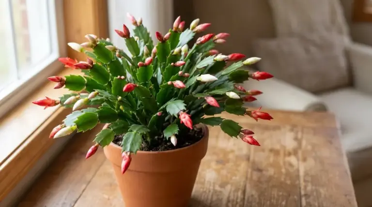 Cactus di Natale in vaso con numerosi boccioli rossi e bianchi vicino a una finestra luminosa