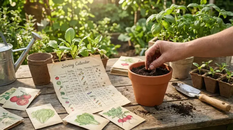 Mano che semina in un vaso di terracotta accanto a un calendario di semina e piantine su un tavolo da orto domestico