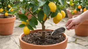 Concimazione di un albero di limone in vaso con fertilizzante granulare durante la coltivazione degli agrumi