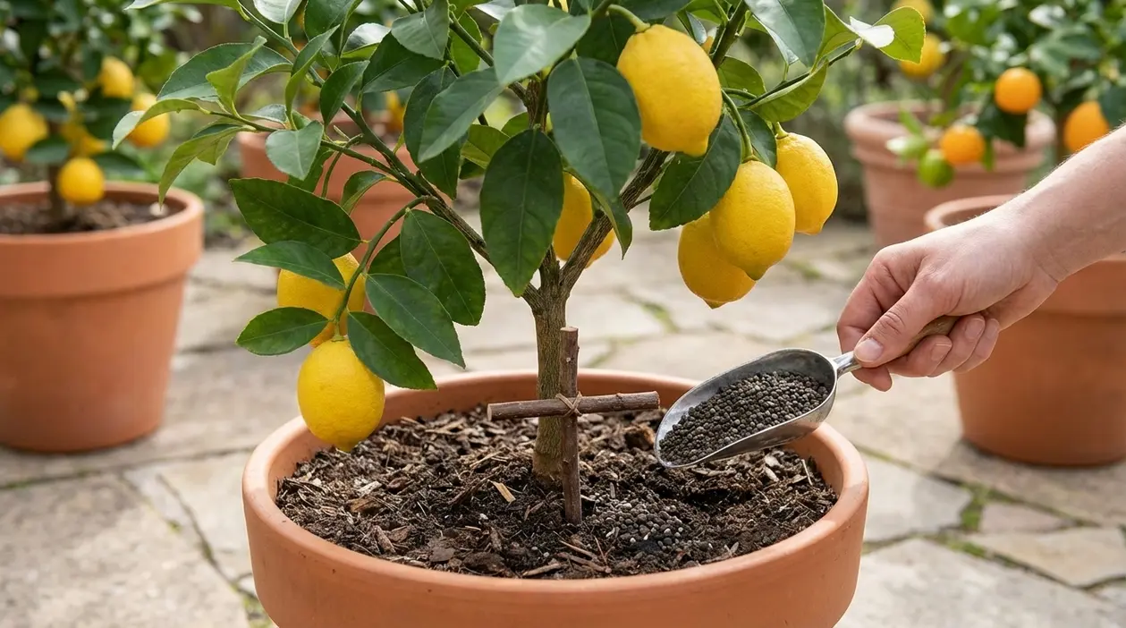 Concimazione di un albero di limone in vaso con fertilizzante granulare durante la coltivazione degli agrumi