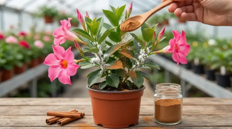 Mano che sparge cannella su una pianta fiorita in vaso colpita da cocciniglia in serra